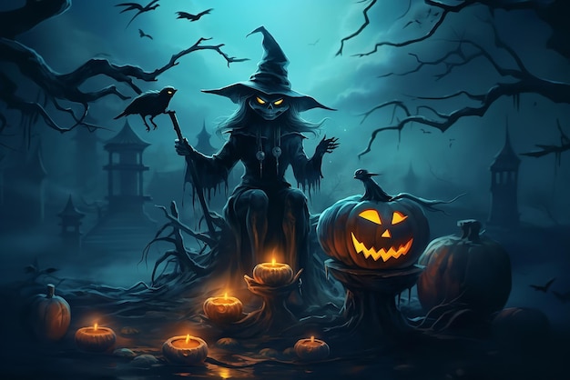 Halloween scene with a witch and pumpkins in the woods generative ai