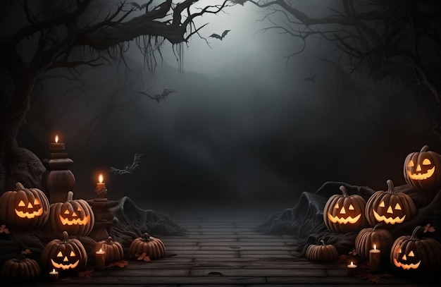 Halloween-scèneachtergrond met gloeiende ogen van jack-o-lantaarnsbos en vleermuizen