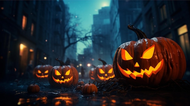 Halloween scenery Halloweenthemed background Spooky dark atmosphere with curved pumpkins