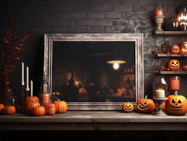 Halloween scenery spooky pumpkin skeleton around mock up of the empty table frame