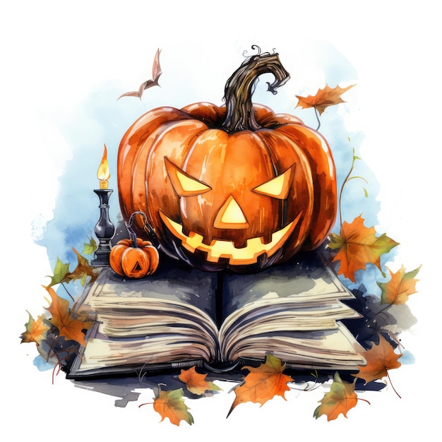 Halloween-schedel en oude boeken met herfstbladeren die op witte achtergrond worden geïsoleerd