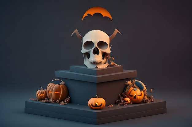 halloween schedel op een podium papier kunststijl ai gegenereerde achtergrond