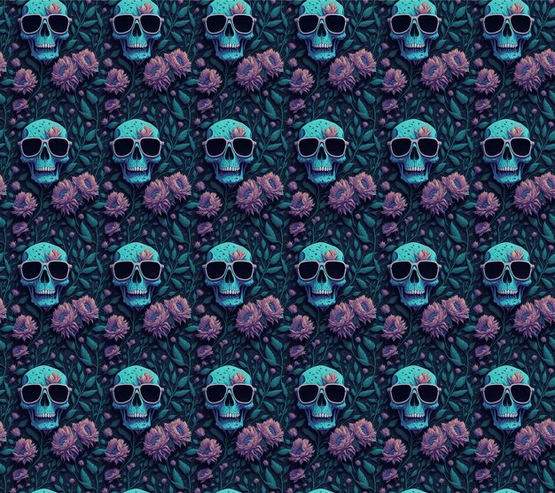 Photo halloween seamless abstract background with sinister smiling skulls in blue color and flowers generative ai