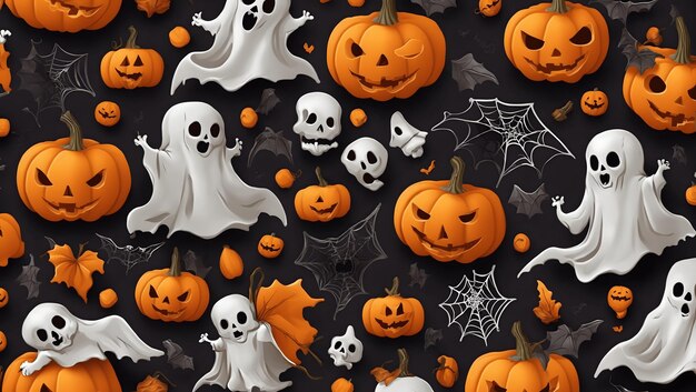 Halloween seamless pattern ghost skull bat pumpkins orange spooky season illustration ideal for