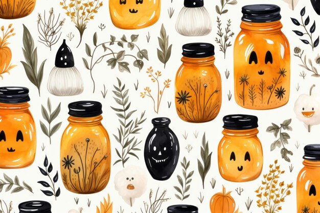 Halloween seamless pattern in the style of whimsical watercolor flat illustrations