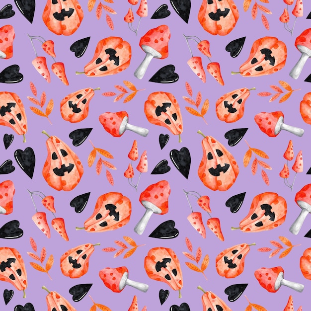 Halloween seamless pattern on violet Watercolor Jack olantern toadstool heart leaf repeat print