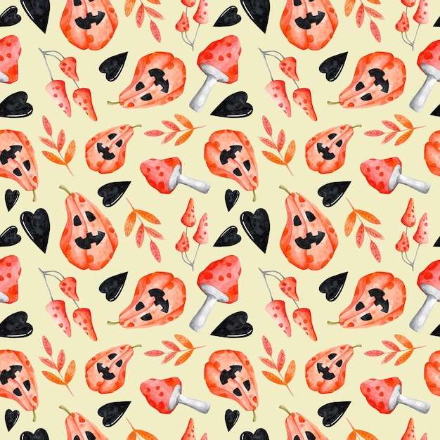 Halloween seamless pattern on white background Watercolor autumn repeat print