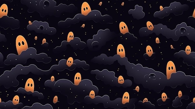 halloween seamless pattern with ghosts in the night sky