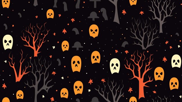 halloween seamless pattern with ghosts trees and skulls