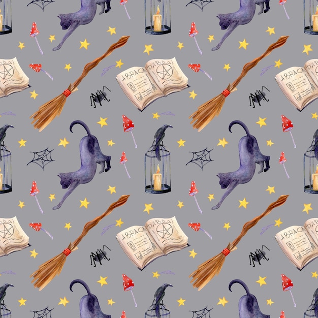 Photo halloween seamless pattern with grey background. crow on lantern, broom, cat, net, spider, fly agari