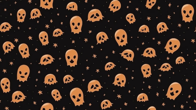 검정색 배경에 주황색 두개골과 별이 있는 할로윈 원활한 패턴