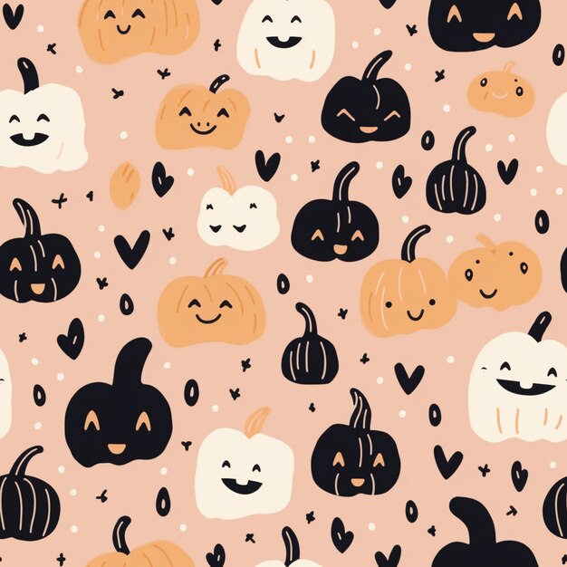 Photo halloween seamless pattern with pumpkins and a black and white heart.