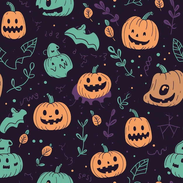 Halloween seamless pattern with pumpkins and leaves on a dark background.