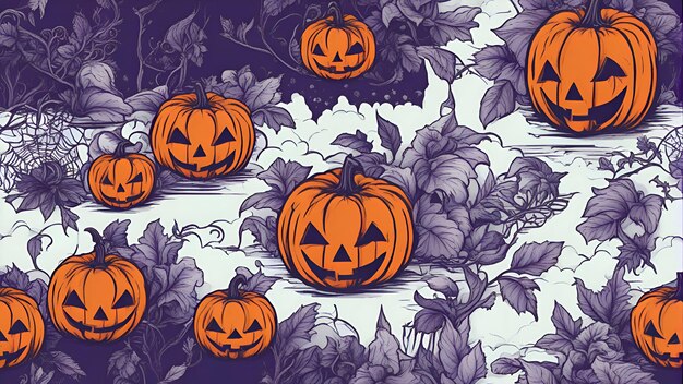 Halloween seamless pattern with pumpkins and leaves Vector illustration