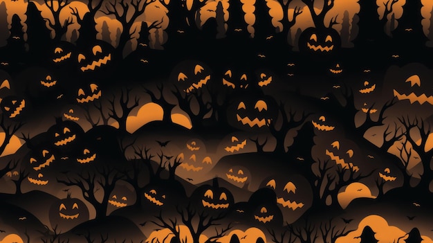 halloween seamless pattern with pumpkins and trees