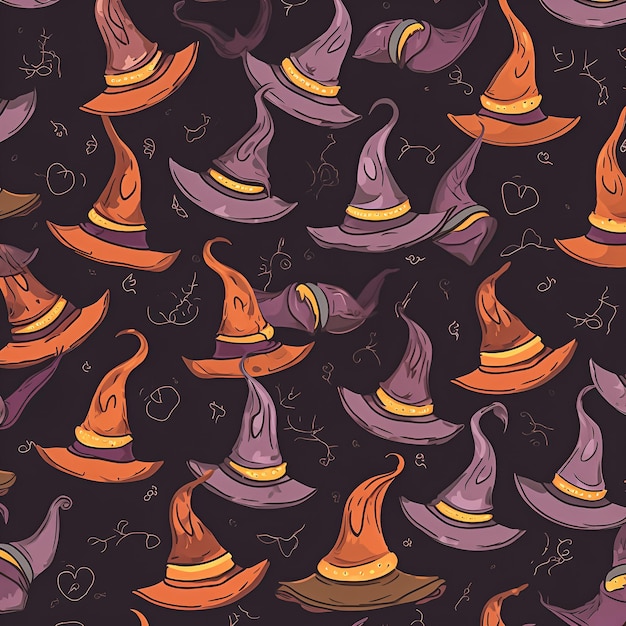 Photo halloween seamless pattern with witches hats and hearts on a dark background.