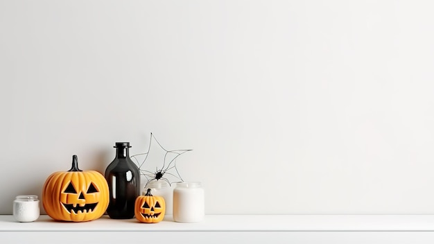 Halloween shelf decor with copy space against a white wall banner background White shelf with pumpkin spider and candle decor Wide banner background for Halloween