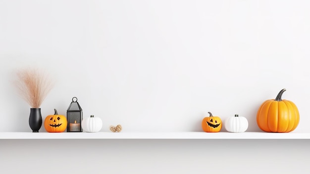 Halloween shelf decor with copy space against a white wall banner background White shelf with pumpkin spider and candle decor Wide banner background for Halloween