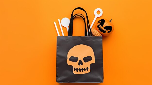 Halloween shopping bag and halloween item isolated on yellow orange background