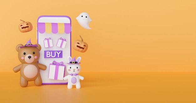 Halloween shopping online concept with cute bear and ghosts