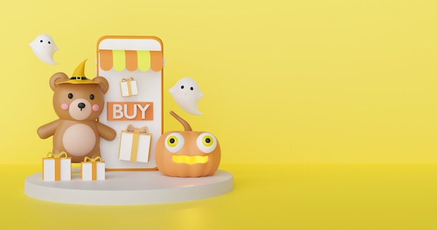 Halloween shopping online concept with cute witch and ghosts . 3d rendering