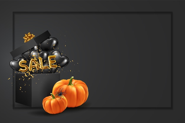 Foto banner di shopping e vendita di halloween con zucca vicino a scatola regalo con palloncini neri e in vendita