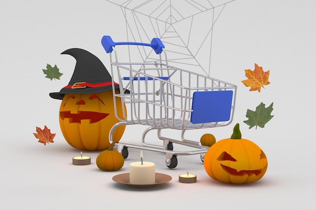 Halloween Shopping Trolley Left Side In Grey Background