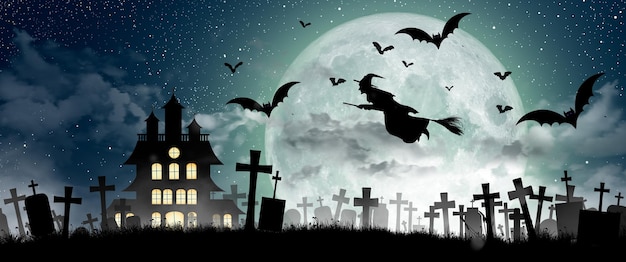 Halloween Silhouette of Witch flying over the full moon 3D Illustration