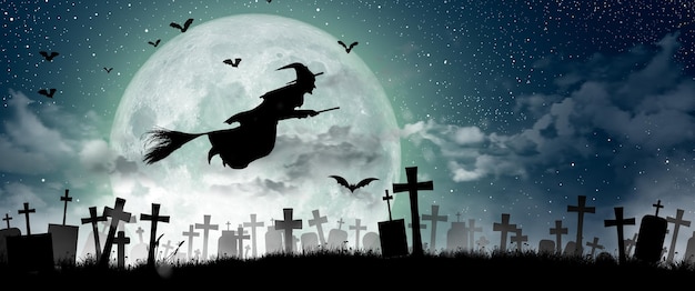 Photo halloween silhouette of witch flying over the full moon graveyard haunted house bats and dead tree