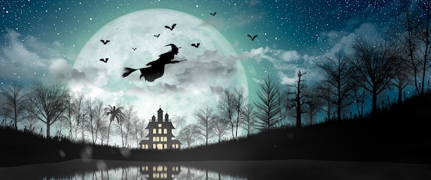 Halloween Silhouette of Witch flying over the full moon, haunted house, bats, and dead tree.