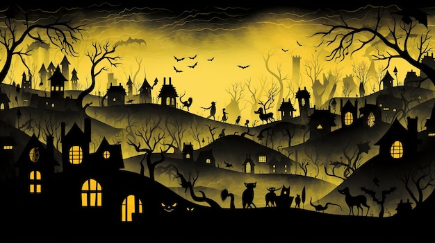 Halloween-silhouetten van heksen, vleermuizen, katten, huizen en dieren Generatieve AI