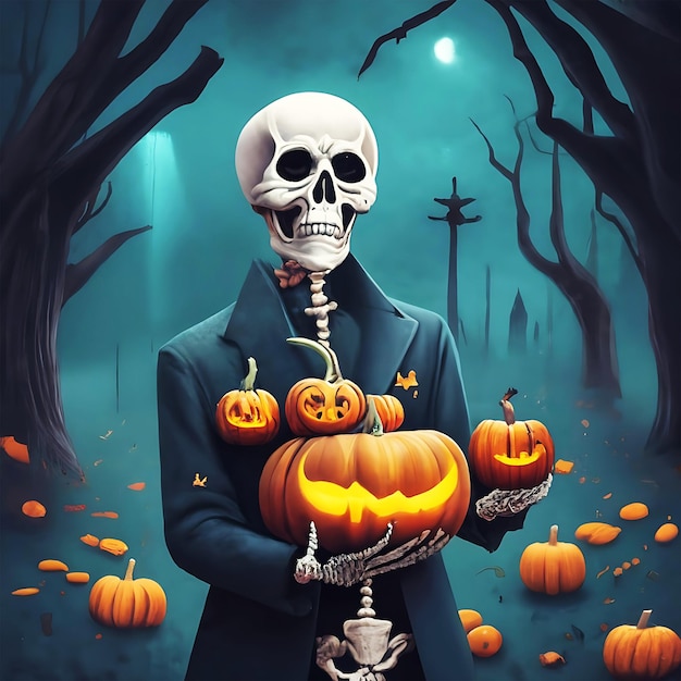 Halloween skelet met pompoenen AI genereert illustratie ontwerp sjabloon