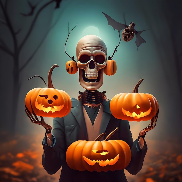 Halloween skelet met pompoenen AI genereert illustratie ontwerp sjabloon