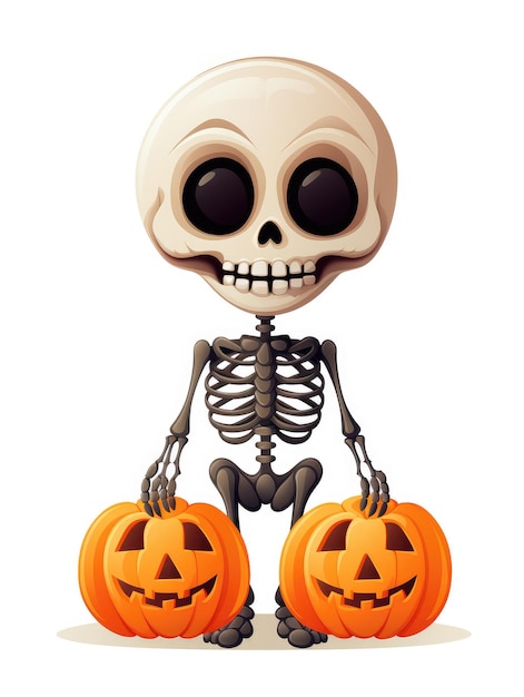 Foto halloween-skelet met pompoenen die op witte achtergrond worden geïsoleerd