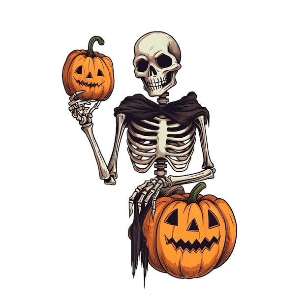 Foto halloween skelet pompoen aquarel clipart tekening op witte achtergrond happy halloween skeletten