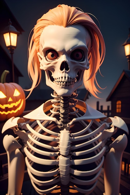 Halloween skeleton in front of a haunted house
