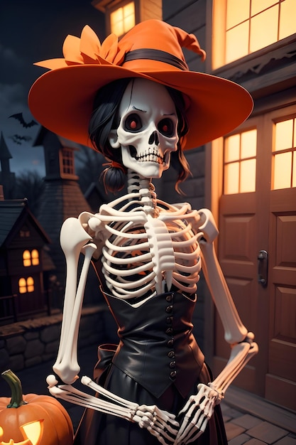 Хэллоуинский скелет перед домом с привидениями