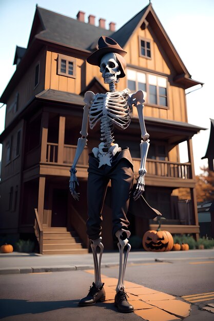 Photo halloween skeleton in front of a haunted house