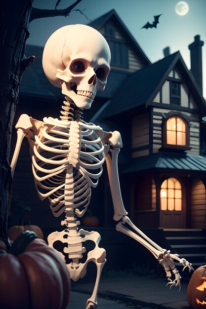 Halloween skeleton in front of a haunted house