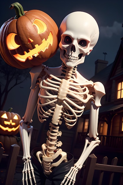 Halloween skeleton in front of a haunted house