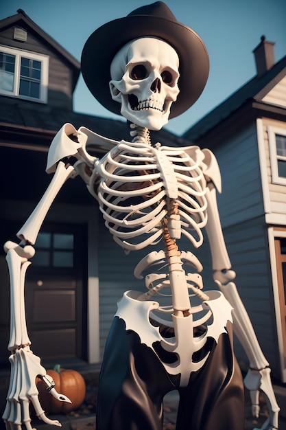 Halloween skeleton in front of a haunted house