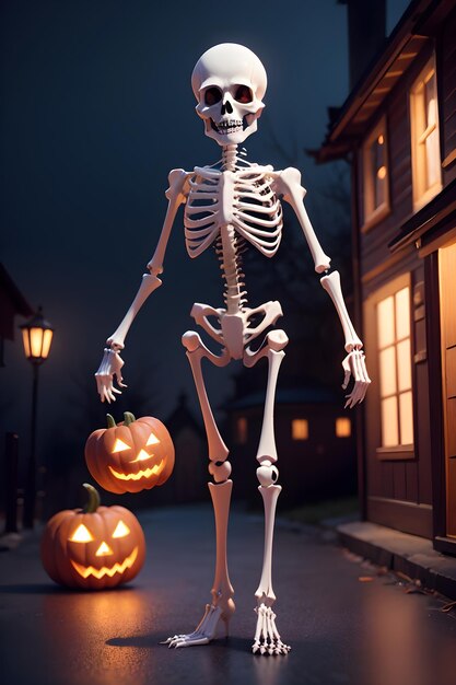 Halloween skeleton in front of a haunted house