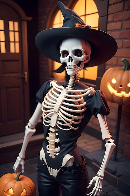 Halloween skeleton in front of a haunted house