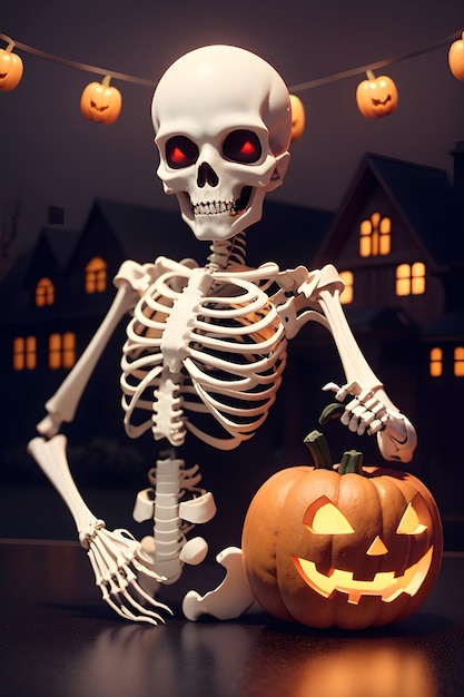 Halloween skeleton in front of a haunted house