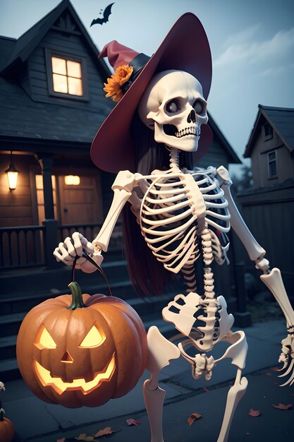 Halloween skeleton in front of a haunted house