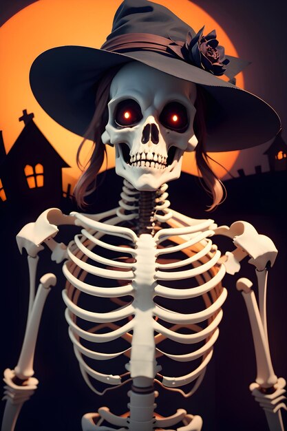 Halloween skeleton in front of a haunted house