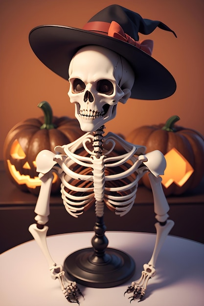 Скелет Хэллоуина перед домом с привидениями