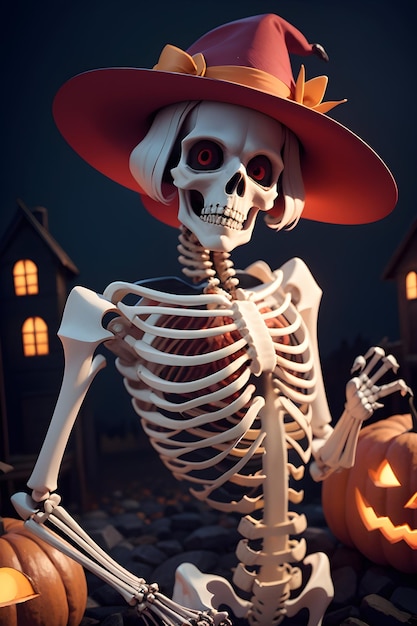 Halloween skeleton in front of a haunted house