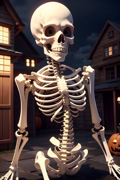 Halloween skeleton in front of a haunted house