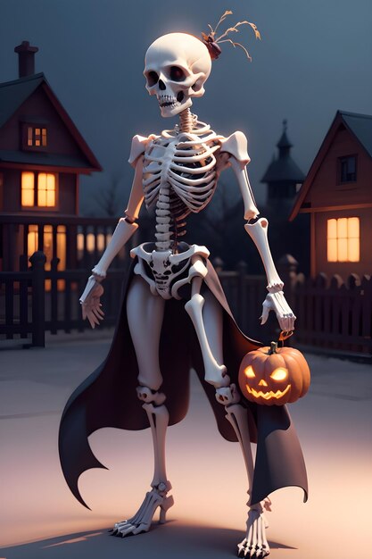 Halloween skeleton in front of a haunted house